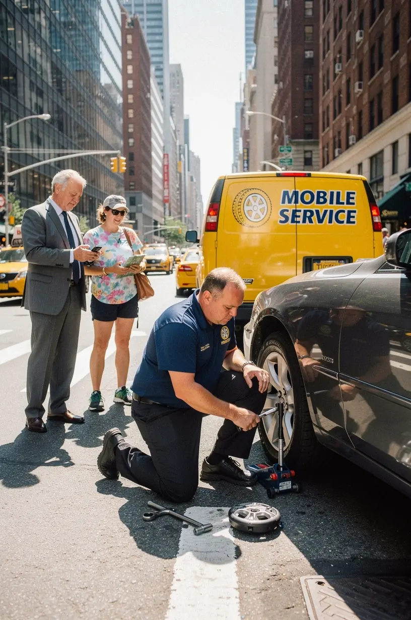 Customer receiving professional guidance from a mobile tire expert beside their vehicle in New York.