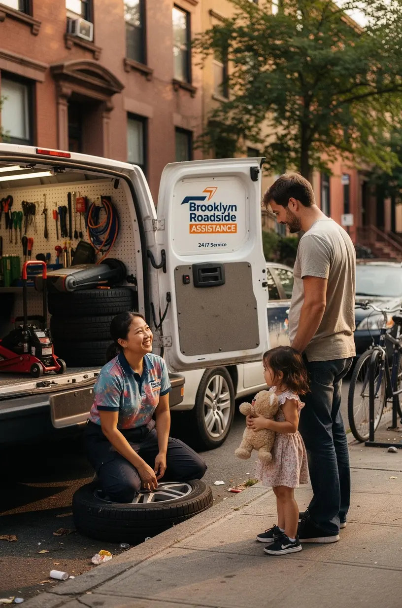 Mobile tire service van parked on the roadside with technician assisting a stranded driver.